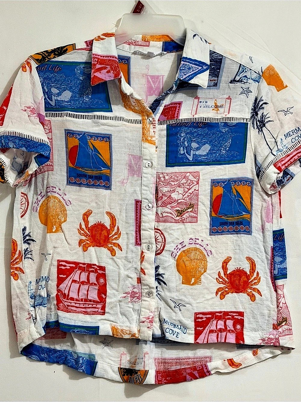 Jane + Delancey Printed Button Down Shirt in White & Blue Size Medium